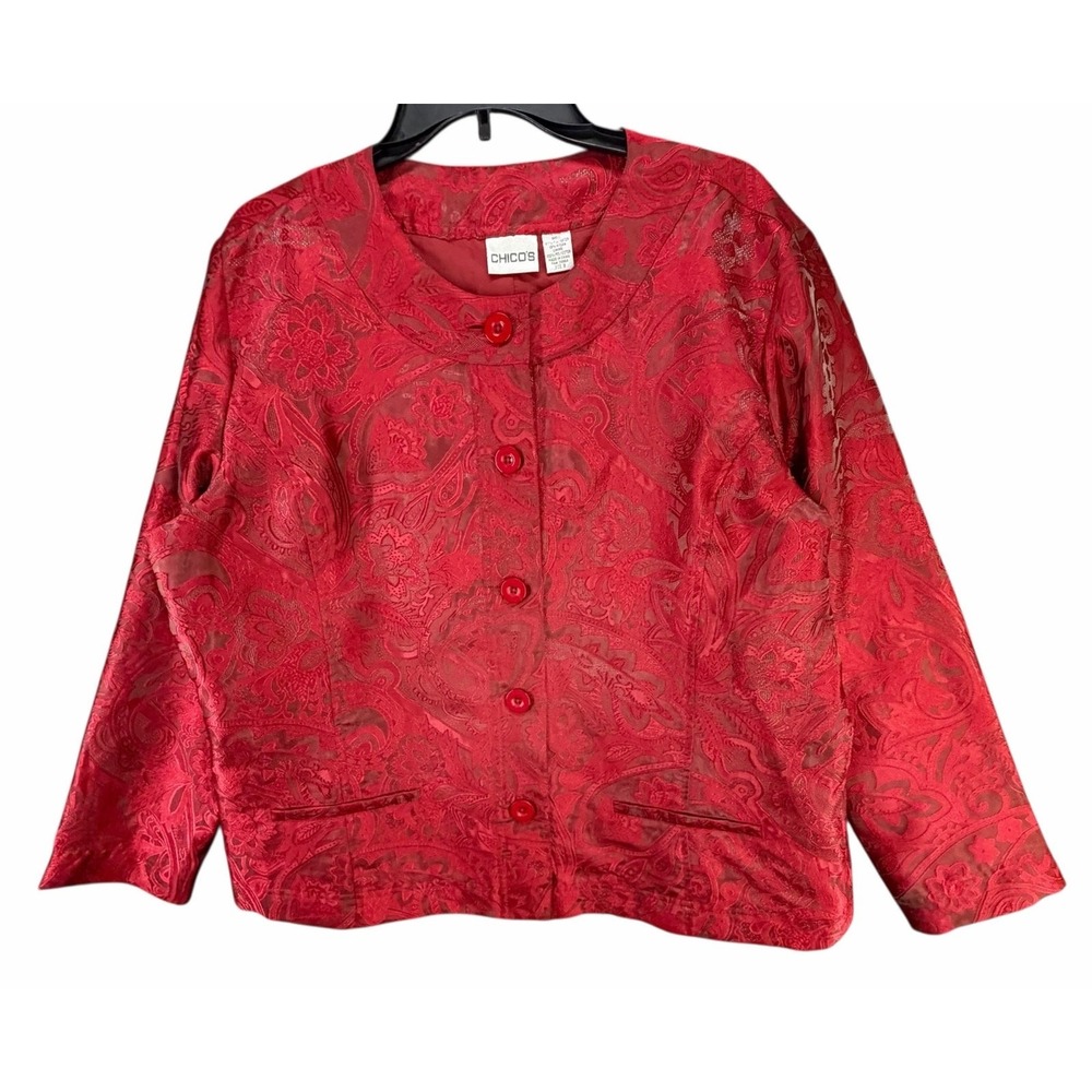 Chicos Red Paisley Jacquard Jacket Size 3 US XL Red Brocade Holiday Evening